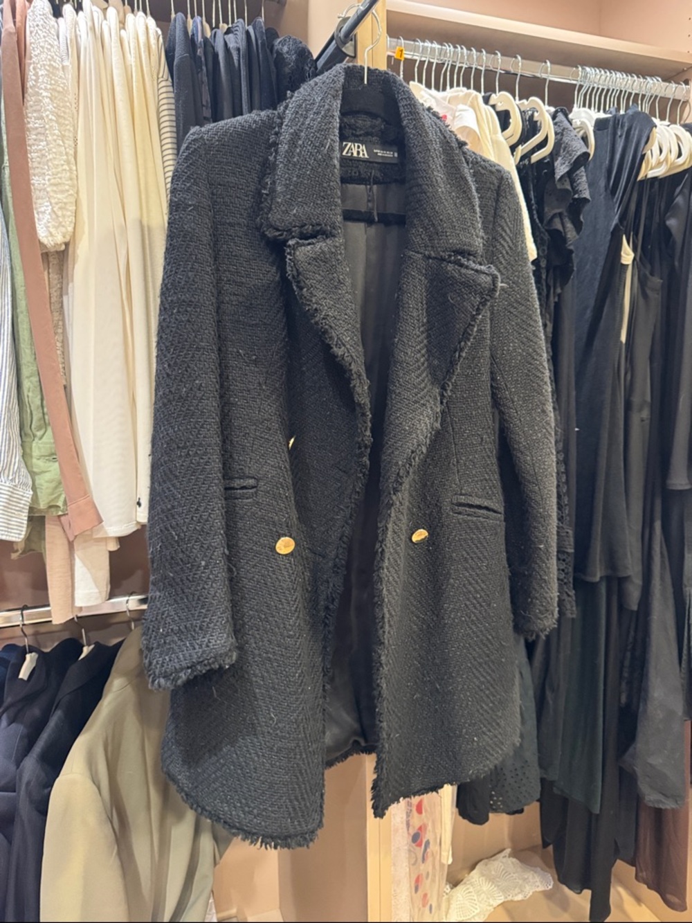 Zara Black Textured Double-Breasted Blazer Coat with Gold Buttons